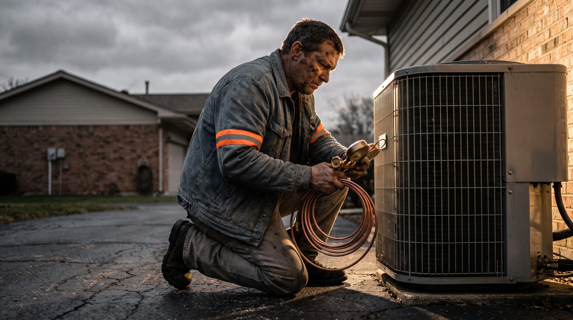 HVAC technician kneeling at an outdoor condenser unit with manifold gauges and a copper line at dusk